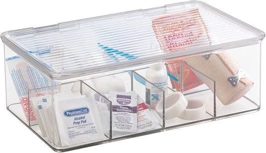 mDesign Plastic First Aid Kit Storage Box with Clear Top Lid for Bathroom, Kitchen, Cabinet, Closet, Drawer - Organizes Medicine, Ointments, Adhesive Bandages, Dental, 8 Divided Sections - Clear