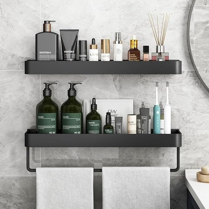 Bathroom Shelves Wall Mounted, Floating Shelf with Towel Bar, 2 Tier Bathroom Wall Organizer(Black)
