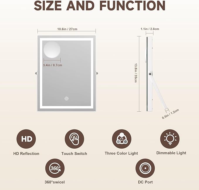 MINISO Vanity Mirror with Lights, 10.6" x 13.8" LED Makeup Mirror, Light & Brightness Adjustment, Smart Sensor, Aluminum Alloy Metal White Frame, with 5X Magnifying Glass