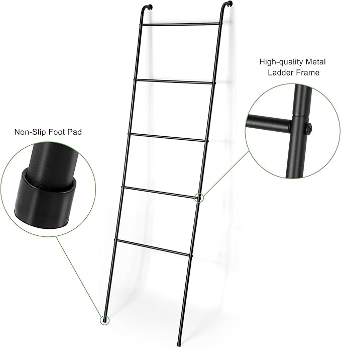 Towel Blanket Ladder Black Metal Blanket Ladder Holder Industrial 5 Tier Wall Leaning Ladder Rack for Bathroom Living Room Laundry Room (Matte Black)