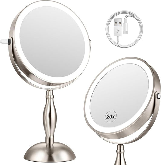 20x Magnifying Mirror with Light, 5000mAh Lighted Makeup Mirror with 3 Color Modes and Adjustable Brightness, Side Charging Port & SideTouch Sensor, 360° Rotation -Brushed Nickel