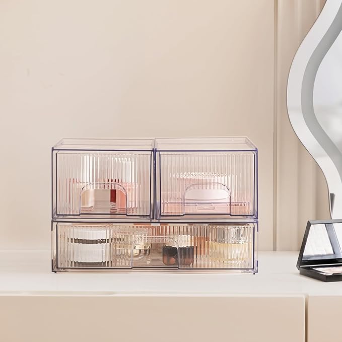 Clear Stackable Desk Storage Drawers, 3 Pack Acrylic Bathroom Makeup Organizers, Easily Assemble All Purpose Plastic Bins for Brightroom, Pantry Organization, Vanity, Undersink, Cabinet