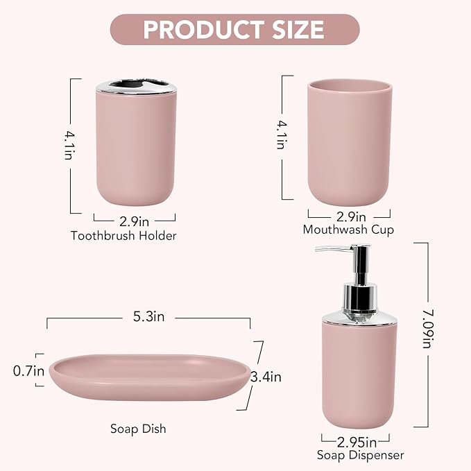 Matte Pink Bathroom Accessories Set, 4 Piece Plastic Bathroom Toothbrush Holder Set, Include Soap Dispenser, Toothbrush Holder, Rinse Cup, Soap Dish, Boho Pink Bathroom Decor for Home, Bathroom Set