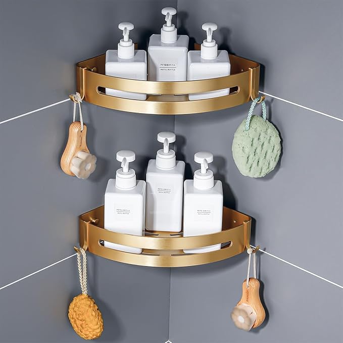 Brushed Gold Color 2 Packed Bathroom Shelves Shower Corner Caddy Organizer Shampoo Holder,Adhesive or Drilling