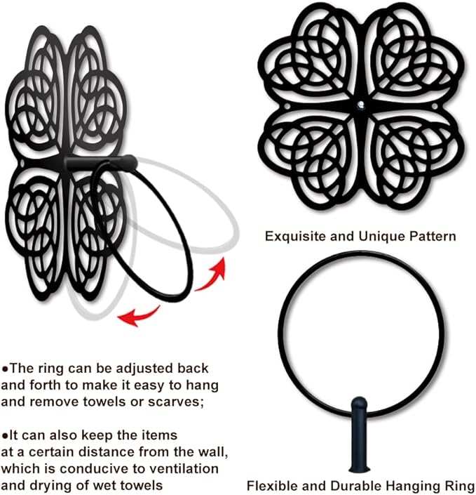 MAYJOYDIY Four Leaf Clover Metal Towel Ring Saint Patrick's Day Style Towel Holder Bath Towel Ring Black Art Towel Rack Wall Mounted for Bathroom Kitchen Towel Hanger Home Decors Gift
