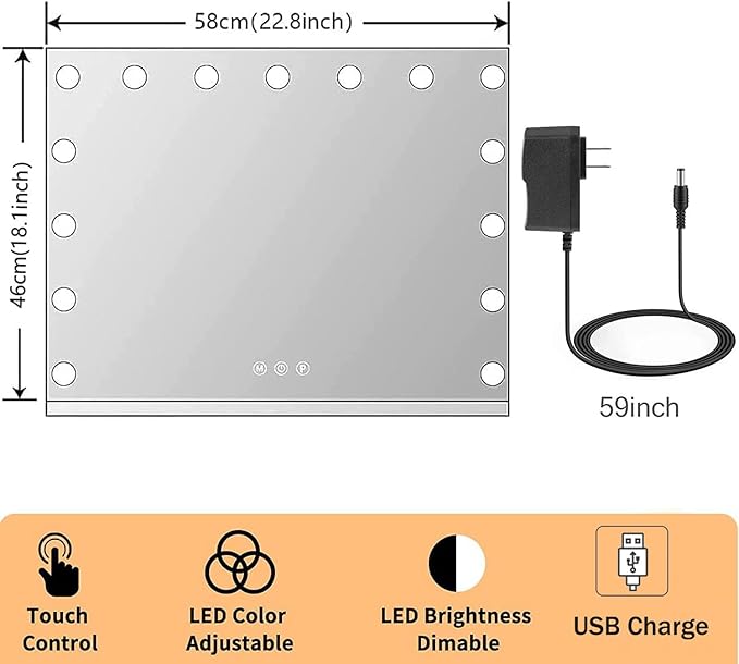 Kottova 23"x18.1" Vanity Mirror with Lights, Lighted Makeup Mirror with 15 Dimmable LED Bulbs, Hollywood Mirror with 3 Color Lightings, USB Charging Port Touch Control, Metal Frame,Plug in (White)