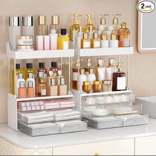 2 Pack Bathroom Counter Organizer - 3 Drawers Makeup Organizer, Cosmetic Storage Drawer for Dresser Countertop and Bathroom Vanity for Large Skincare, Perfume, Clear