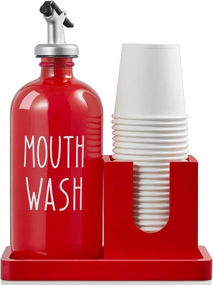 Glass Mouthwash Dispenser for Bathroom, 16 OZ Mouthwash Dispenser with Pour Spout and Wood Cup Holder and Tray, Mouth Wash Bottle Container, Red Kitchen Bathroom Decor and Accessories