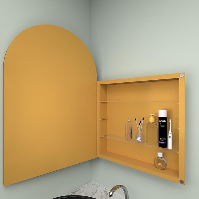 24" WX36 H Farmhouse Framed Medicine Cabinet with Mirror, Matte Gold Finish, Recessed or Surface Mount, Adjustable Shelves, Arched Cabinet Door, Arched Shape, Easy to Install, 24x36 Cabinet