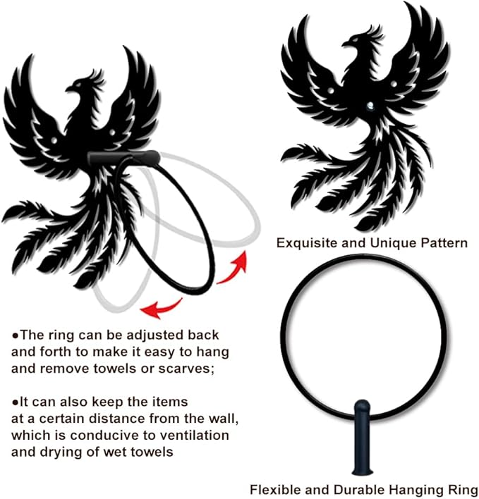 MAYJOYDIY Phoenix Metal Towel Ring Round Animal Hand Towel Holder Ring Hanger Wall Mount Black Vintage Towels Wall Organizer for Kitchen Bath Home Laundry Room Decors Gifts