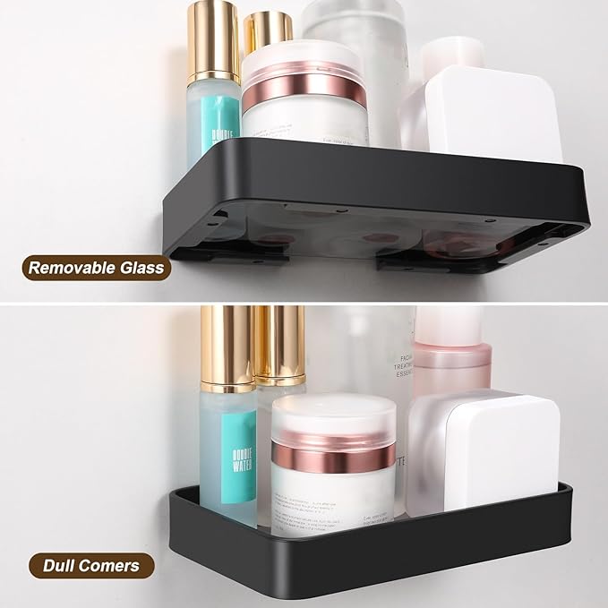Z metnal Small Glass Bathroom Shelves, Matte Black Floating Shelf, Mini Wall Shelf Organizer, Wall Mounted (Clear Glass, 8 inch/20cm), 1 pcs