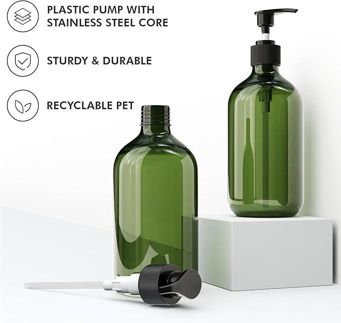 Kzeirm Green Soap Dispenser, Dish & Hand Soap Dispenser Set for Bathroom & Kitchen, Refillable Pump Bottle Dispenser, Plastic Empty Soap and Lotion Dispenser for Liquid, 2 Pcs