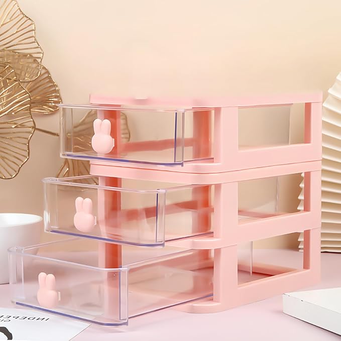 3 Layer Plastic Storage Drawer Transparent Sundries Storage with Rabbit Handle Jewelry Storage Container for Office School Home