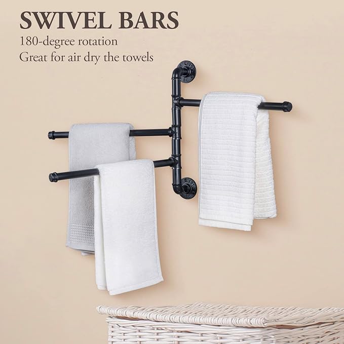 MyGift 3 Tier Swivel Towel Rack, Wall Mounted Bathroom Bath Towel Bar, Hanging Hand Towel Holder, Black Metal Industrial Pipe Design