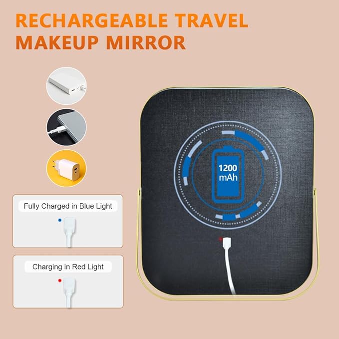 YEKKOPT Gold Vanity Mirror with Lights,10"x8" Rechargeable LED Lighted Makeup Mirror, Large Makeup Mirror with Lights, Touch Screen with 3-Color Lighting, Dimmable, for Vanity Desk Tabletop, Bedroom