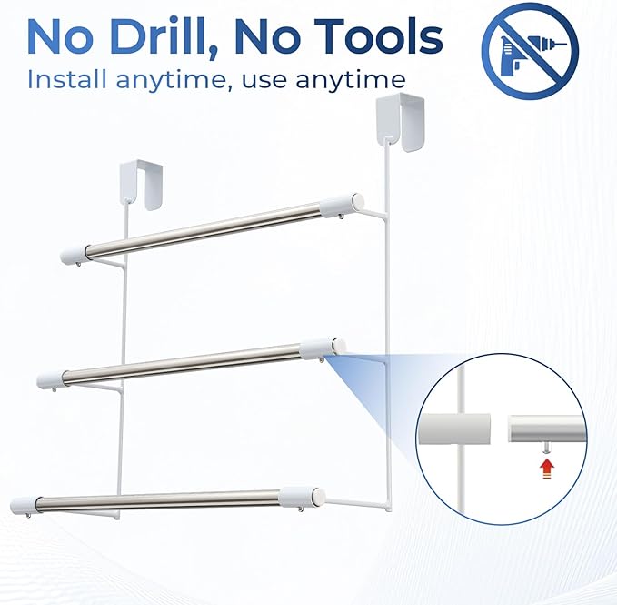Over The Door Towel Rack, 3-Tier Space Saver for Bathroom & Bedroom, No Drill Hanging Holder for Towels, Robes, Clothes, Perfect for Apartments, Dorms, Renters