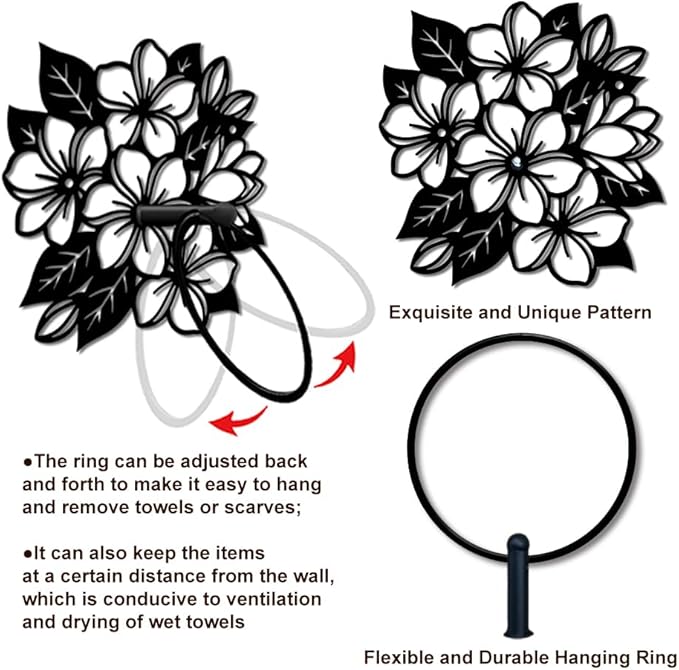 MAYJOYDIY Flower Clusters Metal Towel Ring, Frangipani Flowers Black Hand Towel Holder, Branch Leaves Hanging Ring Wall Mounted Bathroom Accessories for Bathroom Kitchen Home Decoration Gift