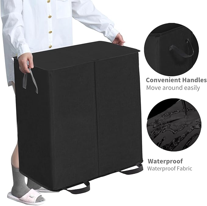 Double Laundry Hamper with Lid and Removable Bags, Laundry Basket 2 Section, Double Hampers for Laundry, Large Divided Hamper, Dual Laundry Hamper 2 Section with Handles Dorm 140L Black