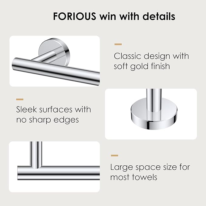 FORIOUS Towel Bar Wall Mounted, Stainless Steel Towel Racks for Bathroom 23 Inch, Includes Wall Mounting Hardware (Chrome, Hanging Space 21 Inch)