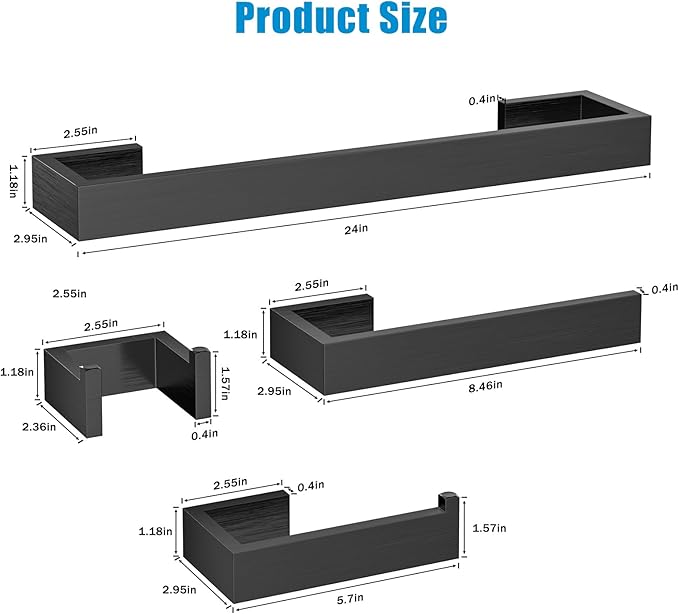 4 Pcs SUS304 Stainless Steel Bathroom Accessories Set, 24" Towel Bar, Towel Holder, Toilet Paper Holder, Robe Hook, Minimalist Design for All Styles Bathrooms (Brushed Black)