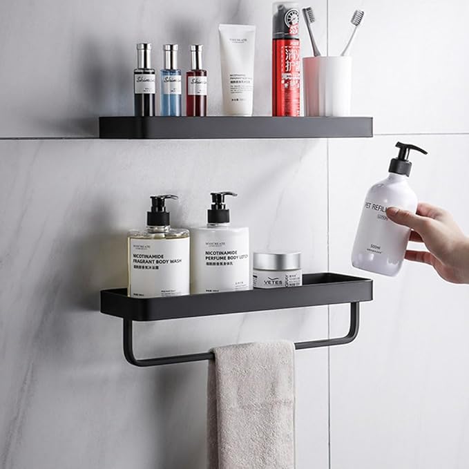20Inches Bathroom Shelves, Wall Mounted Glass Shelf for Floating Shelf Tempered Glass Shelves 2 Tier Bathroom Wall Organizer(Matte Black)