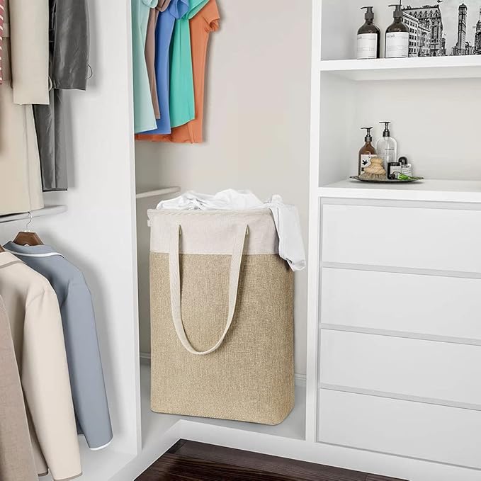 i BKGOO Laundry Basket with Handles Beige&Khaki-Slim Laundry Bin Collapsible Dirty Clothes Basket Narrow Laundry Bag Foldable Dirty Hamper for Camping, Dorms, Apartments