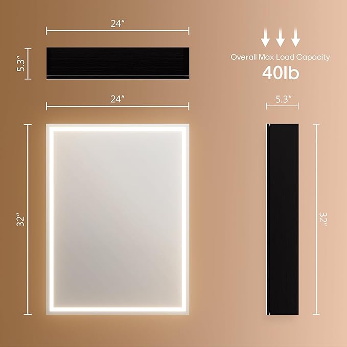32x24 inch LED Lighted Medicine Cabinet with Mirror, Moisture-Resistant Wood, Stepless Dimmable, 3000K/5500K, Defogger, Adjustable Shelf, Flat-Pack Design – Assembly Required, Black