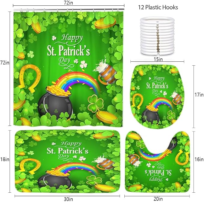 Ansouyi 4Pcs Bathroom Shower Curtain Sets with Non-Slip Rugs, Toilet Lid Cover and Bath Mat, St Patricks Day with Clover Leaf Rainbow Durable Waterproof Shower Curtain for Bathroom Set, 72x72 Inch