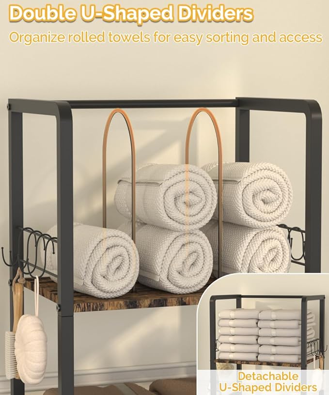 Mondazie Free Standing Towel Racks for Bathroom with U-Shaped Detachable Dividers, 3-Tier Floor Towels Holder Stand with Shelf & 8 S-Hooks, Metal Pool Towel Storage Organizer for Home, Poolside, Black