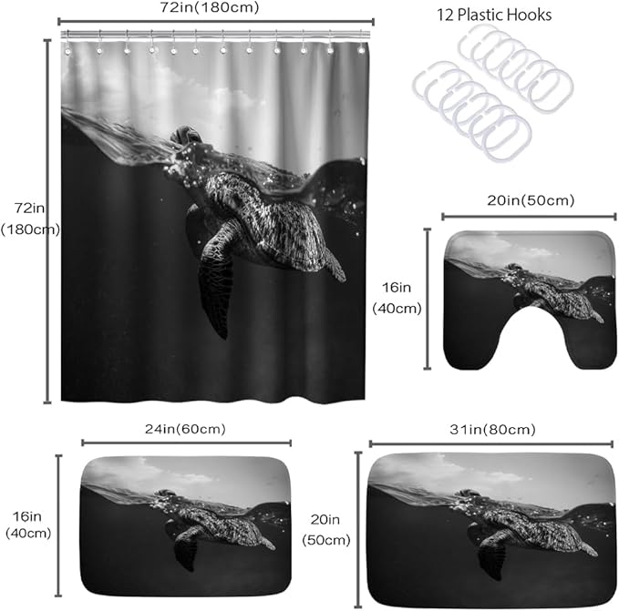 Nautical Sea Turtle Black and White Ocean Kids Bathroom Sets with Shower Curtain and 20 x 31 Rugs Bathroom Accessories Sets Decor with Bath Rug, Bath Mat, U-Shaped Contour and Hooks 72 x 72 Inch Grey