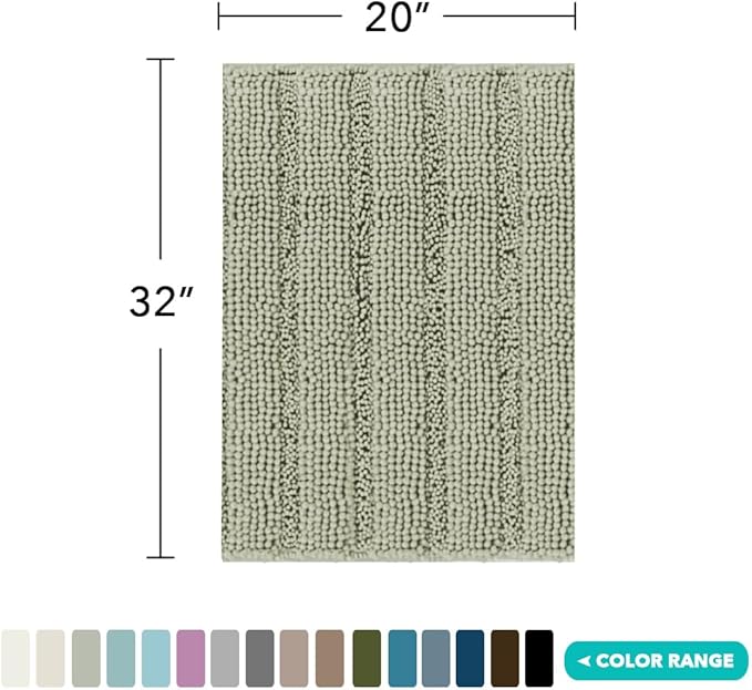 Turquoize Luxury Chenille Bath Rug for Bathroom Rugs Extra Absorbent Bath Mat Non Slip Microfiber Shower Rugs for Bathroom Microfiber Shaggy Carpet Rug Size, 20"x 32", Eucalyptus