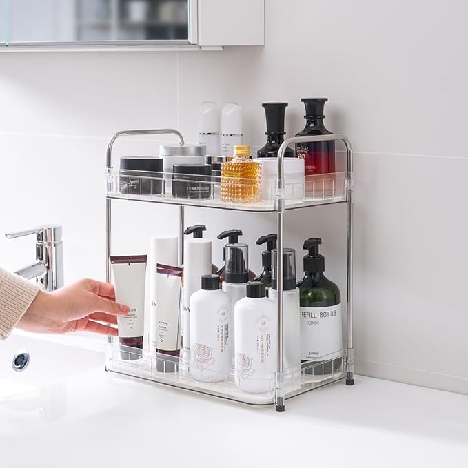 2-Tier Light Bathroom Countertop Organizers – Vanity Tray for Bathroom Organization and Decor, Detachable Makeup Storage Cabinet for Cosmetics, Skincare, and Personal Care Items