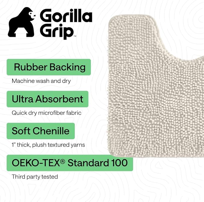 GORILLA GRIP Plush Absorbent Shaggy Chenille Bath Rug Mat for Oval Toilet Base with Rubber Backing, Machine Washable Rugs, Soft Microfiber Contour Mats for Toilets, Bathroom Decor, Ivory