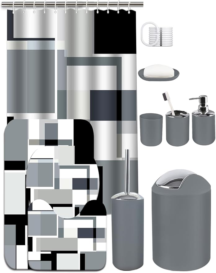 Lnond Grey Black Bathroom Set, 22-Piece Grey Black Geometry Bathroom Decor Set with with Shower Curtain and Rugs, Trash Can, Toilet Brush Holder Set & Soap Dispenser