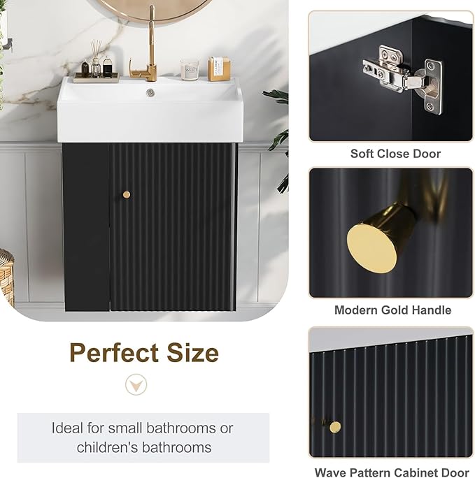 Virubi 21.6 in Floating Bathroom Vanity with Sink,Soft Closing Doors,Solid Wood Frame & MDF Modern Single Small Black Bathroom Vanity Cabinet with Open Shelf,Wall Mounted