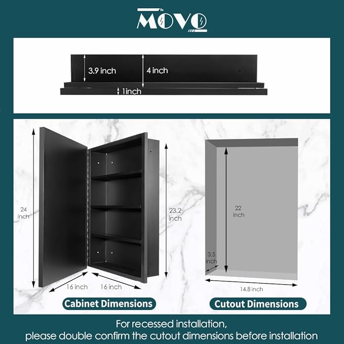 Movo Medicine Cabinet with Mirror, 16 inch x 24 inch Black Metal Framed Recessed Bathroom Medicine Cabinet Wall Mounted with Mirror