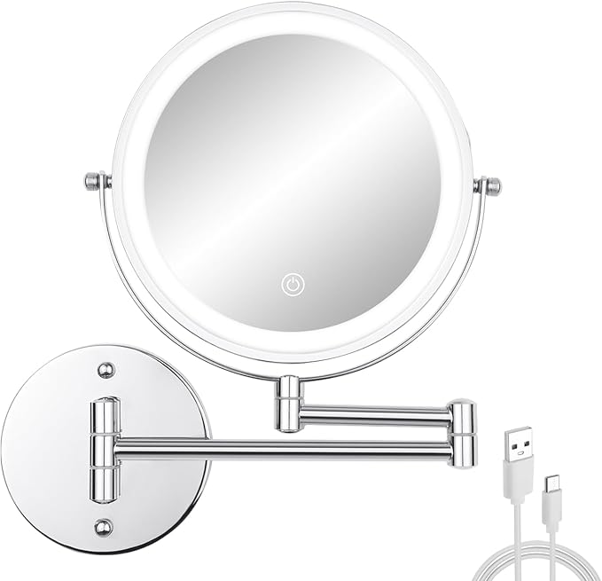8" LED Wall Mounted Makeup Mirror, 1X/10X Magnifying Vanity Mirror with 3 Color Modes, 2000mAh Rechargeable 360° Swivel Extendable Arm, Polished Chrome for Bathroom Makeup, Shaving, Skincare