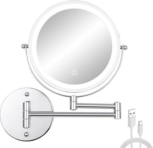 8" LED Wall Mounted Makeup Mirror, 1X/10X Magnifying Vanity Mirror with 3 Color Modes, 2000mAh Rechargeable 360° Swivel Extendable Arm, Polished Chrome for Bathroom Makeup, Shaving, Skincare