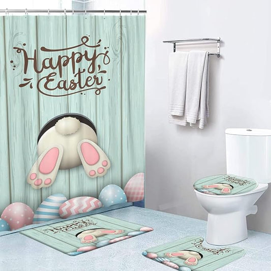 LOKMU 4 Pcs Shower Curtain Sets with Non-Slip Rugs, Toilet Lid Cover and Bath Mat,Easter Motive White Bunny on The Bottom Waterproof Shower Curtain with 12 Hooks, Bathroom Decor Sets, 72" x 72"