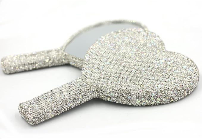 Bling Rhinestone Heart Handheld Mirror - Portable & Dazzling Makeup Mirror for On-The-Go Touch-ups (Plastic White)