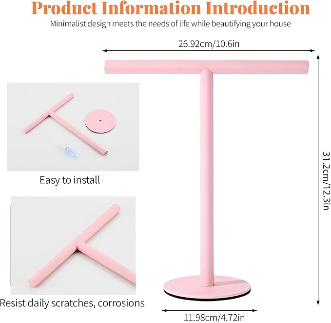 Pink Bathroom Hand Towel Holder Stand???T-Shape Hand Towel Holder Stand SUS304 Stainless Steel for Bathroom???Kitchen or Vanity Countertop