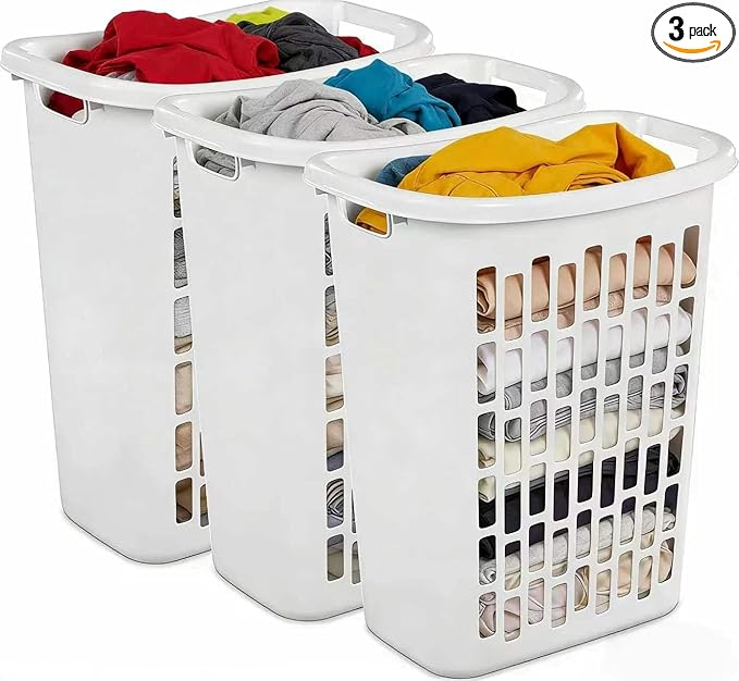 (3-Pack) 1.8 BUSHEL Slim-Iine Open Plastic Laundry Hamper, with Reinforced Handle for Easy Carrying of Clothes, Durable, Suitable for Bedrooms, Laundry Rooms, Bathrooms, White