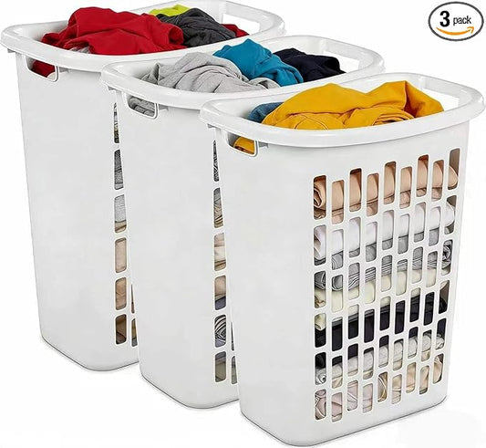(3-Pack) 1.8 BUSHEL Slim-Iine Open Plastic Laundry Hamper, with Reinforced Handle for Easy Carrying of Clothes, Durable, Suitable for Bedrooms, Laundry Rooms, Bathrooms, White
