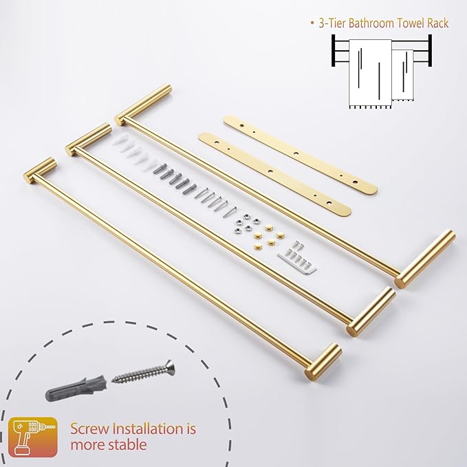 KOKOSIRI Bath Towel Bars Bathroom 3-Tiers Ladder Towel Holder Rails Wall Mounted Towels Shelves Rack Stainless Steel, Brushed Gold, B5002BG-L24