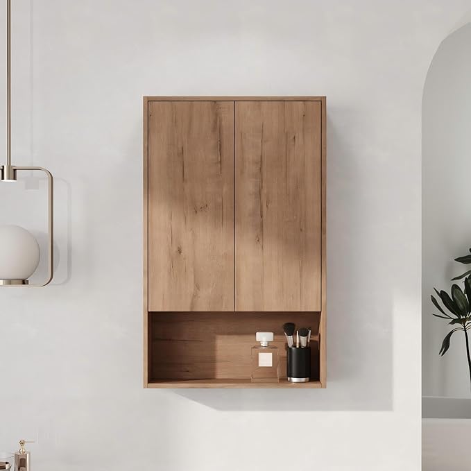 24 Inch Bathroom Wall Cabinet, 24" Wall Mounted Home Storage Cabinet, Bathroom Medicine Cabinet with 2 Soft-Close Door and 1 Adjustable Shelf - Brown