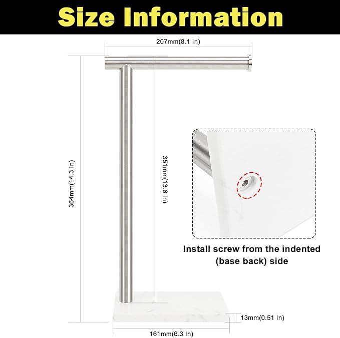 Standing Hand Towel Holder with Marble Base, 304 Stainless Steel Towel Rack, Countertop Stand Towel Ring for Bathroom (Brushed Nickel)