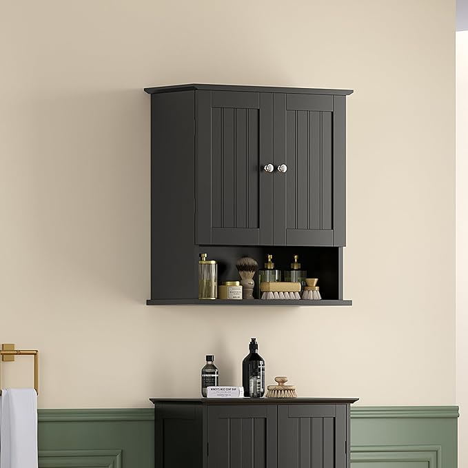 ChooChoo Kitchen Cabinet Wall Mounted, Laundry Room Cabinet with Door Shelves, Bathroom Wall Cabinet with Adjustable Shelf, Medicine Cabinet for Bathroom, Kitchen, Laundry Room, Black