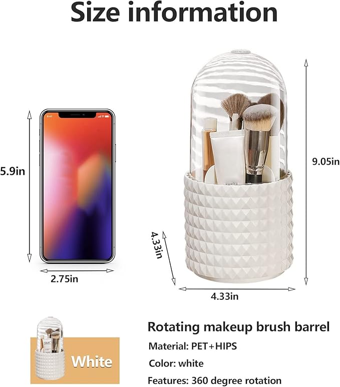 Makeup Brush Holder Organizer with Lid,360?? Rotating Dustproof Make Up Brushes Container with Clear Acrylic Cover, Spinning Cosmetics Holders Storage Cup with 5 Compartment for Vanity and Bathroom