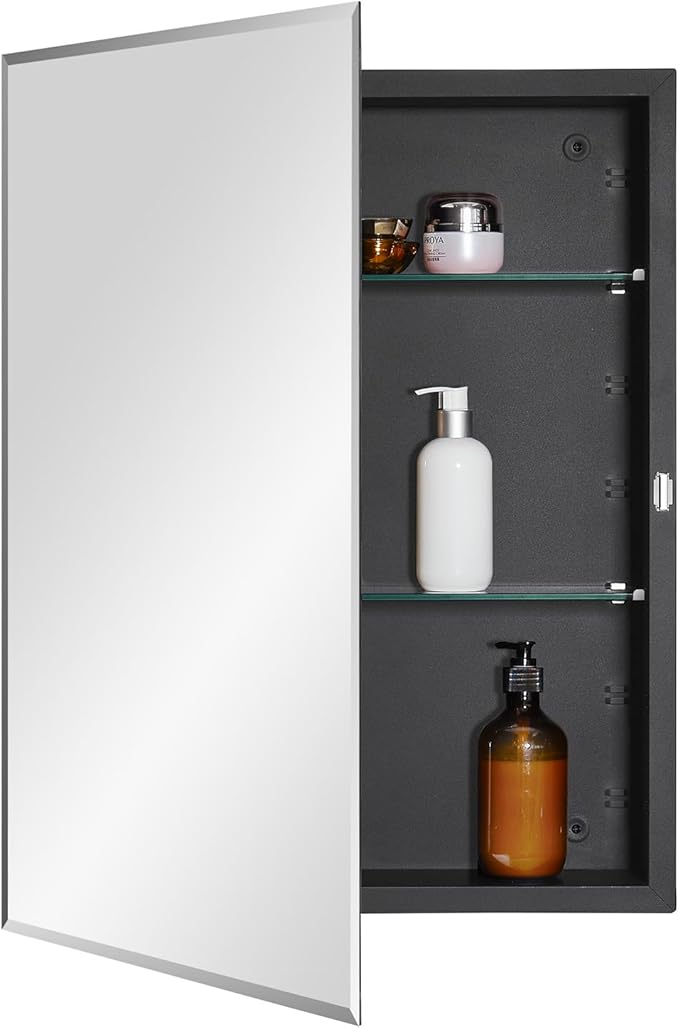 IDYLLOR Black Bathroom Medicine Cabinet with Beveled Edge Mirrored Door 20 x 26 inch, Recessed or Surface Mount, with Adjustable Glass Shelves