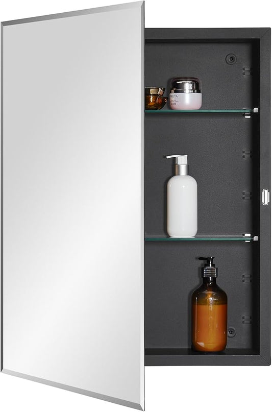 IDYLLOR Black Bathroom Medicine Cabinet with Beveled Edge Mirrored Door 20 x 26 inch, Recessed or Surface Mount, with Adjustable Glass Shelves